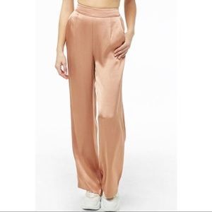 F21 Piped Wide-Leg Satin Pants Rose Gold/Cream